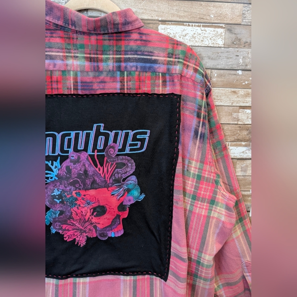 Incubus Graphic Upcycled Dip Dye Bleached Flannel Shirt - Picture 5 of 14